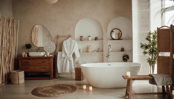 Luxury interior of big bathroom at modern african style with oval bathtub in natural lighting Soft native hues organic shapes look of bathroom with big window oval bathtub in neutrals tones. Green palm plants candles bubblebath leasure and relaxation skin selfcare wellness luxury living